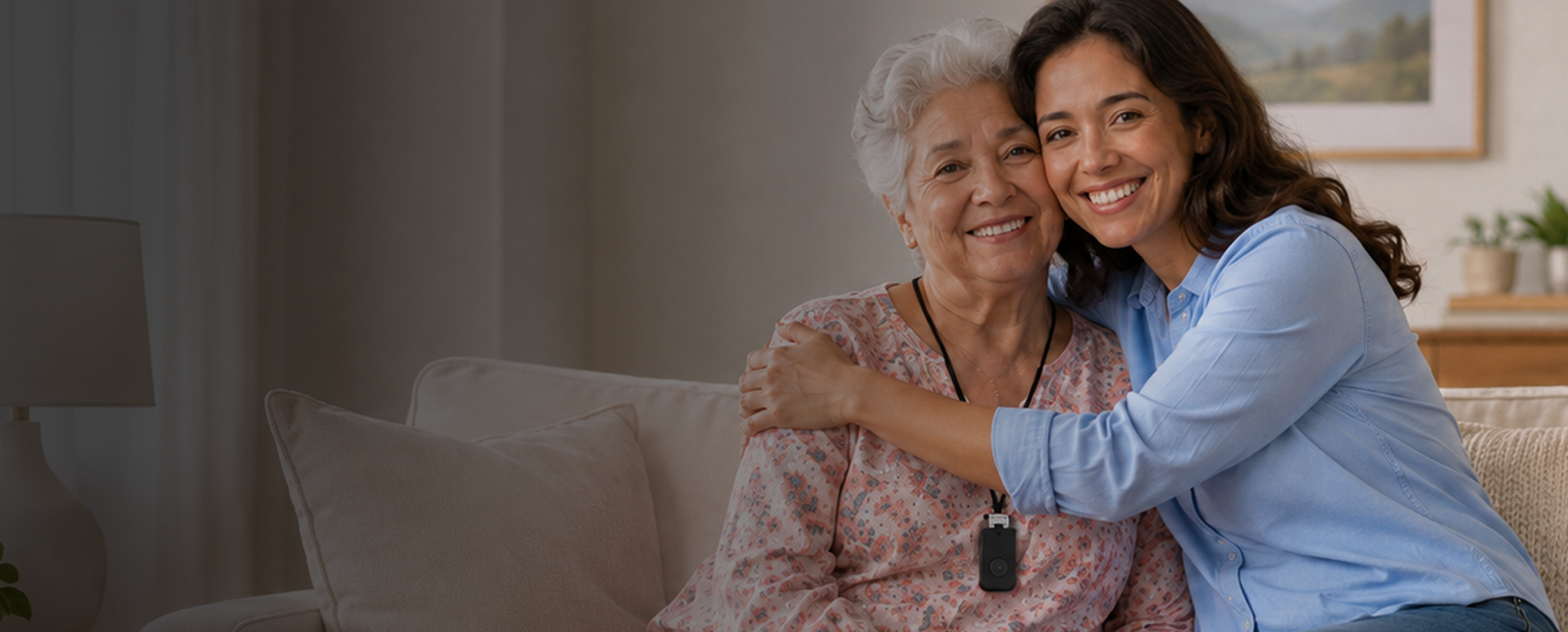 An adult daughter embracing her elderly mother at home