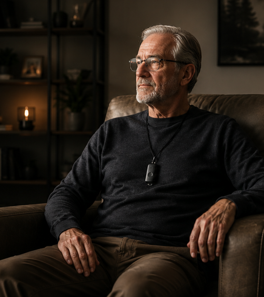 Senior wearing the Medical Life Club device at home